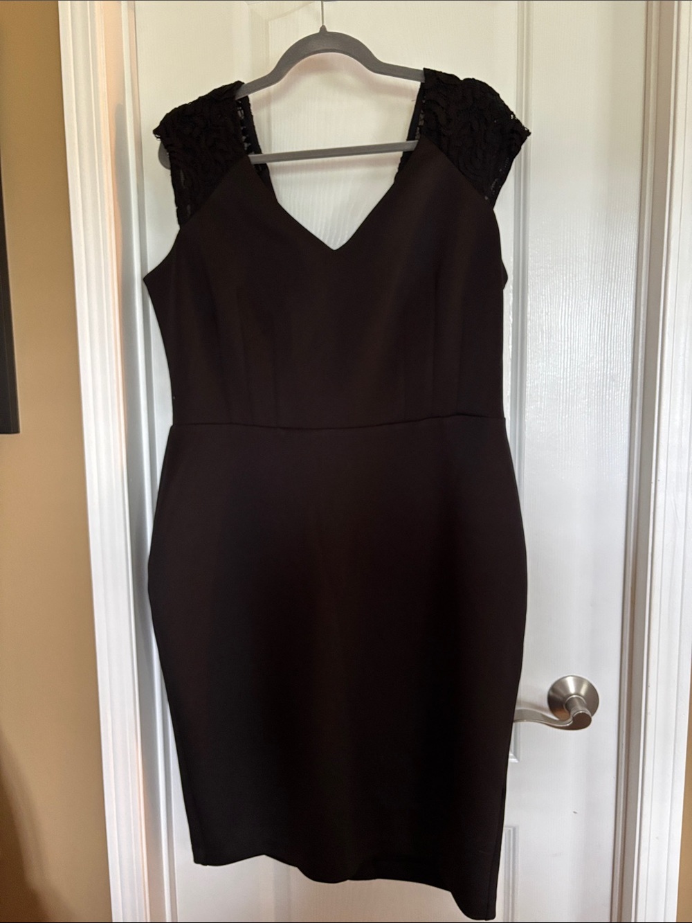 eva mendes for New York & Company Black V-Neck Sheath Dress with Lace Shoulders
